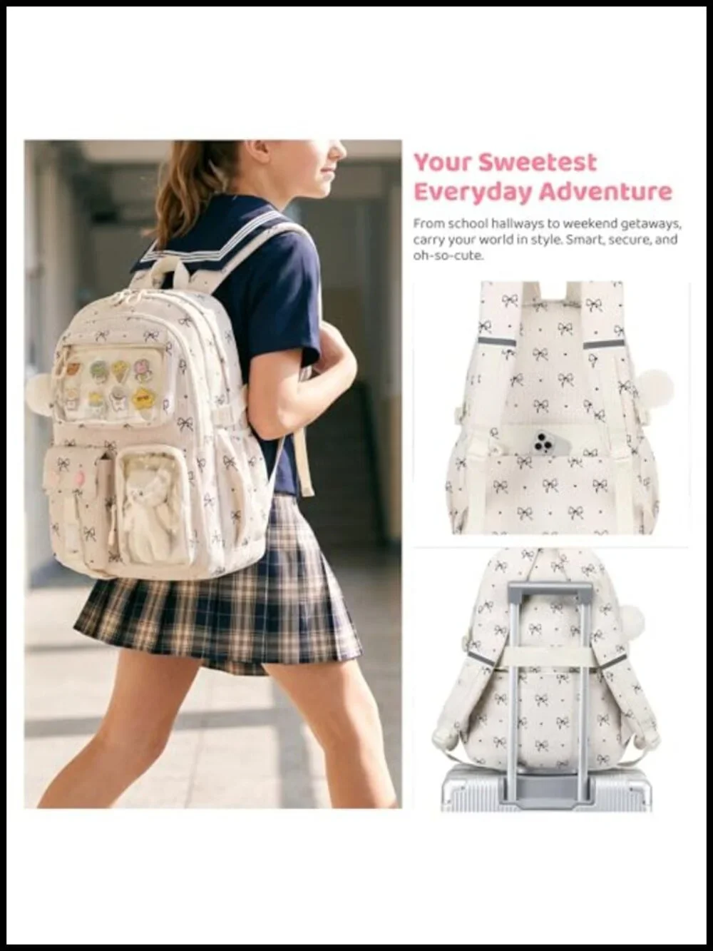 Girls Backpack with Lunch Box Kawaii Bow Corduroy Water Resistant Ita Bag